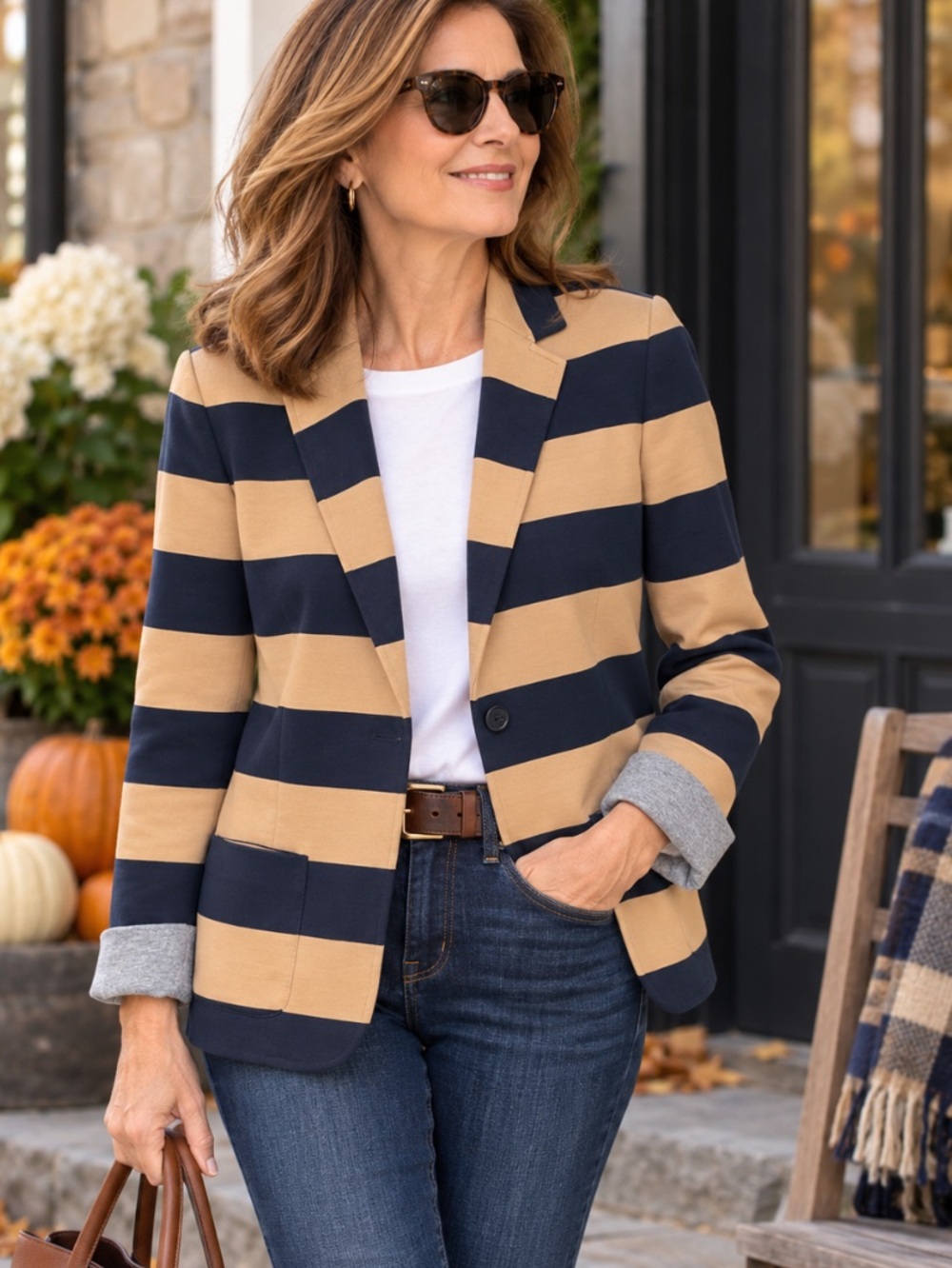 LL Bean Signature Navy and Tan Striped Women's Blazer size 10